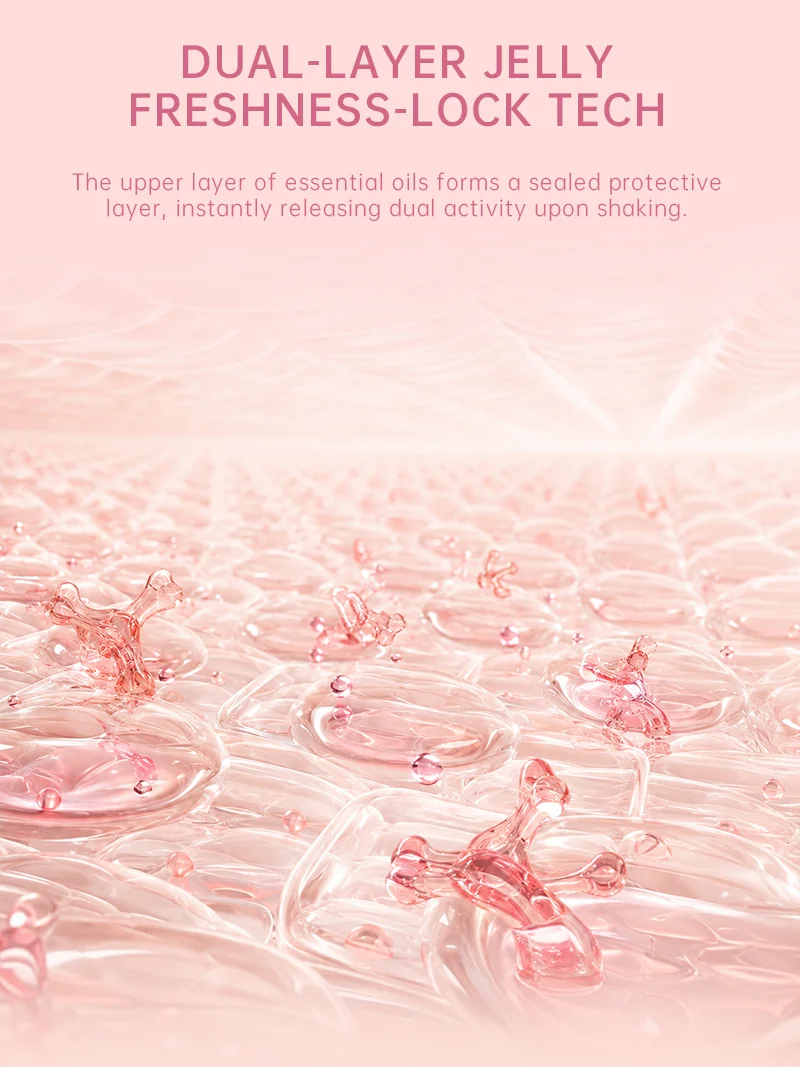 Close-up of pink jelly-like droplets symbolizing dual-layer freshness-lock technology, surrounded by a soft gradient pink background.